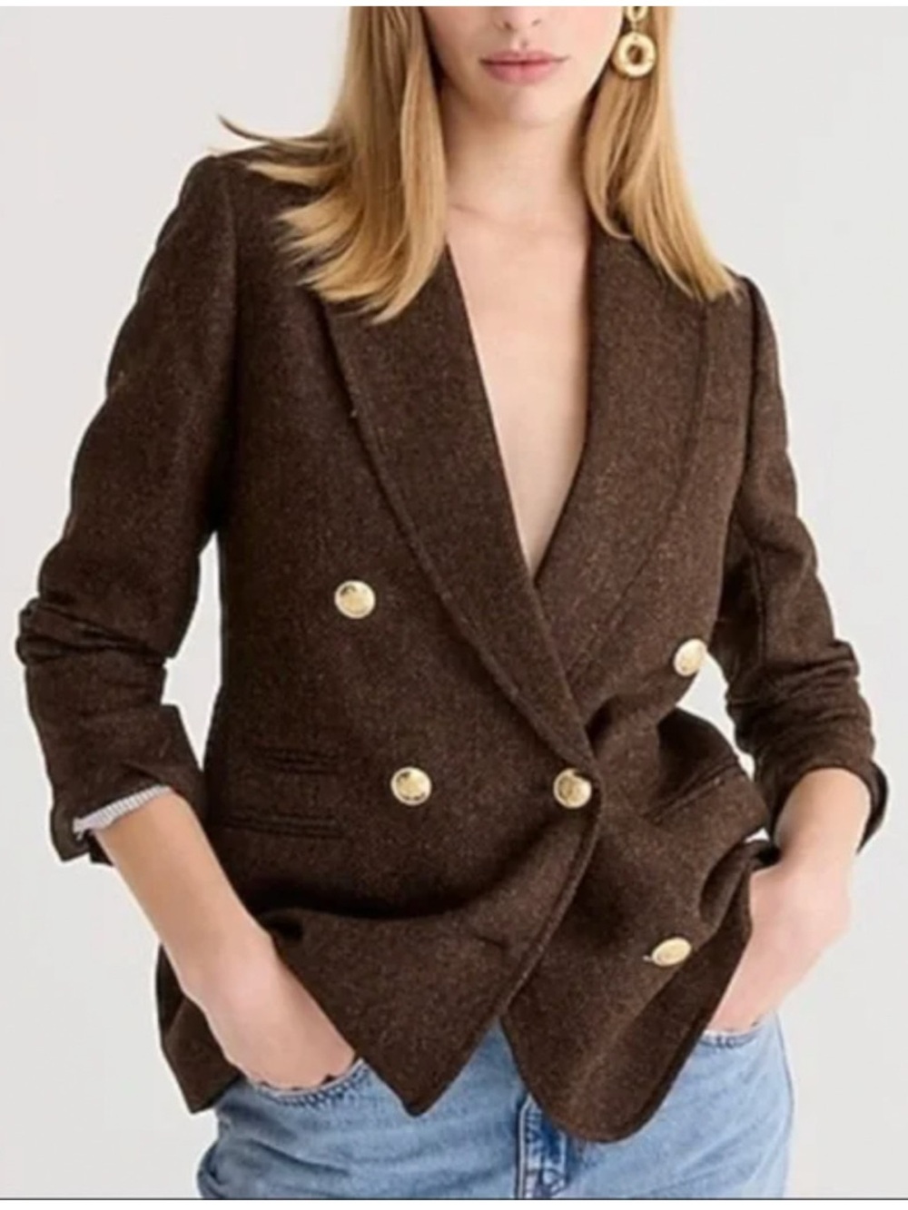 J. Crew Bristol Double Breasted Herringbone Wool Blazer in Dark Brown. Size 0